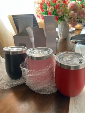 Double-Wall Stainless Steel Wine Tumblers — Black, Pink & Red